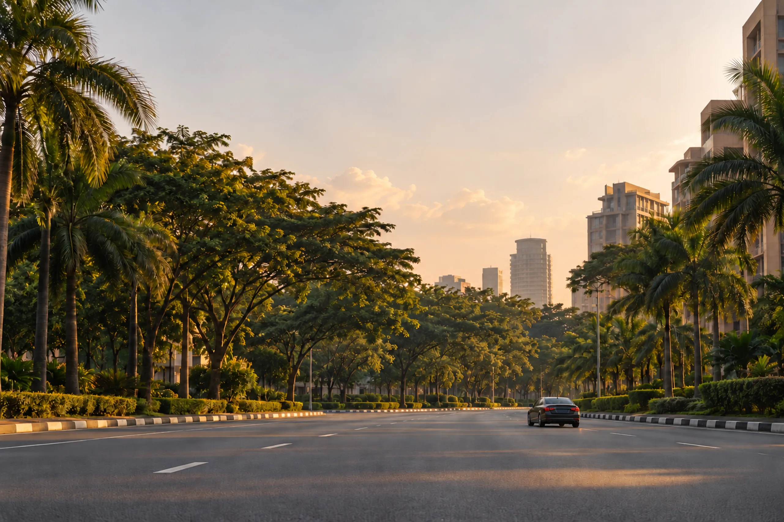Small dark sedan on a palm-lined city boulevard in warm afternoon light.