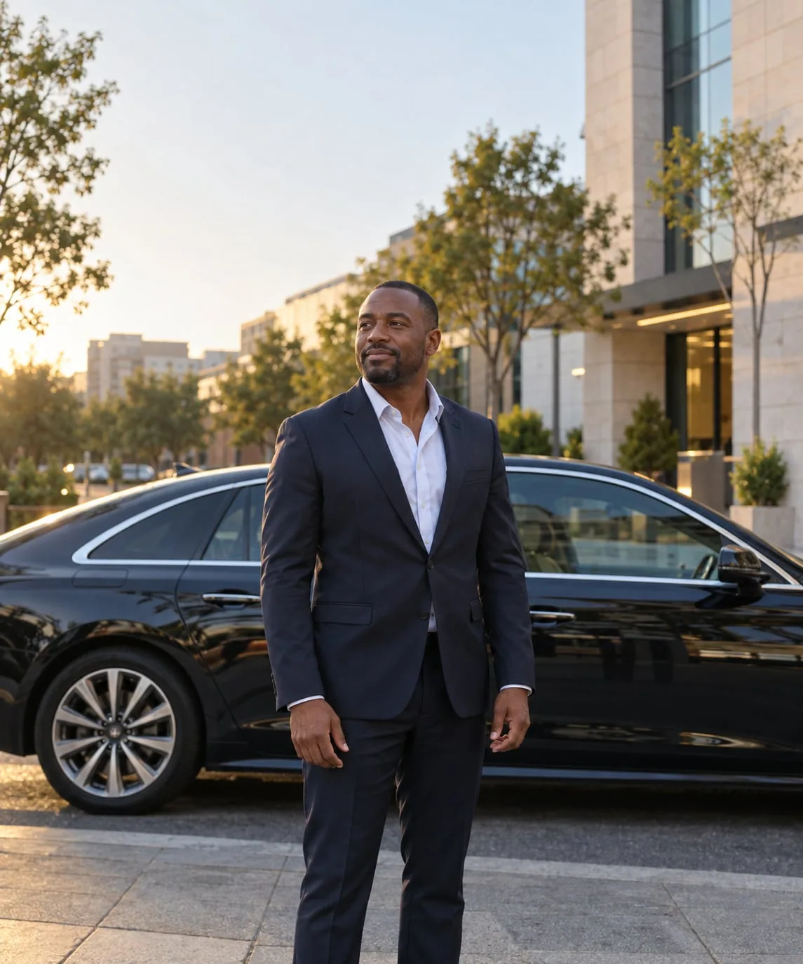 A driver standing beside a vehicle in warm daylight.