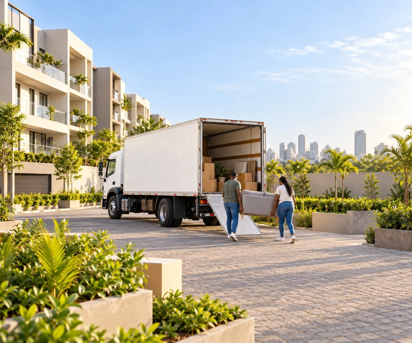 A large moving truck beside a home with furniture ready to load.