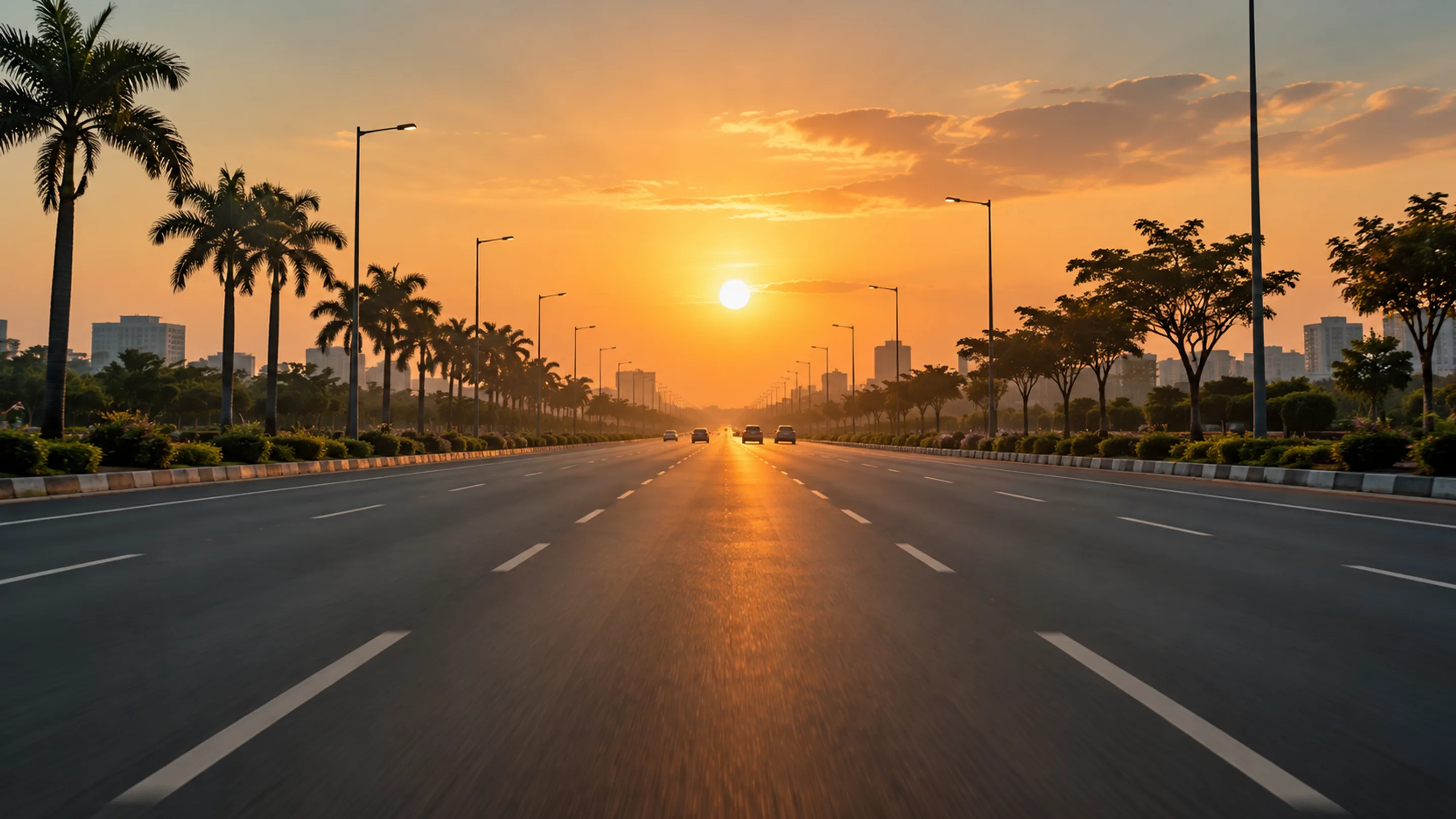 A quiet palm-lined city boulevard in warm sunset light.