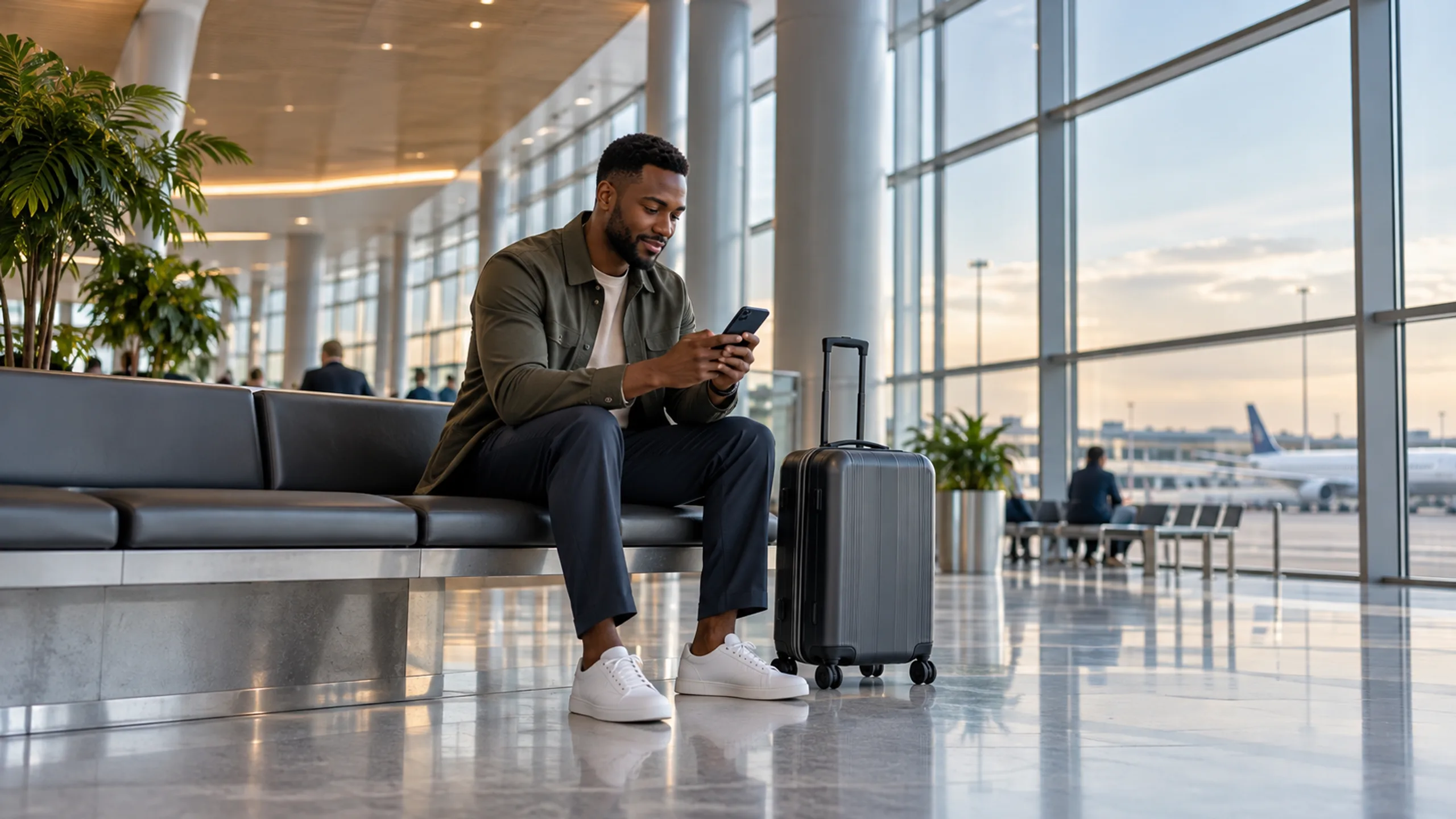 A traveller seated beside luggage, using a phone in a bright terminal.